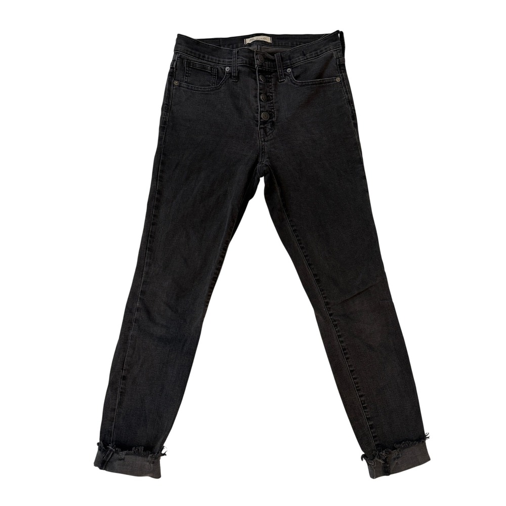 Madewell 9 Inch Mid-Rise Skinny Jeans Black Button Fly Frayed Hem Size 28